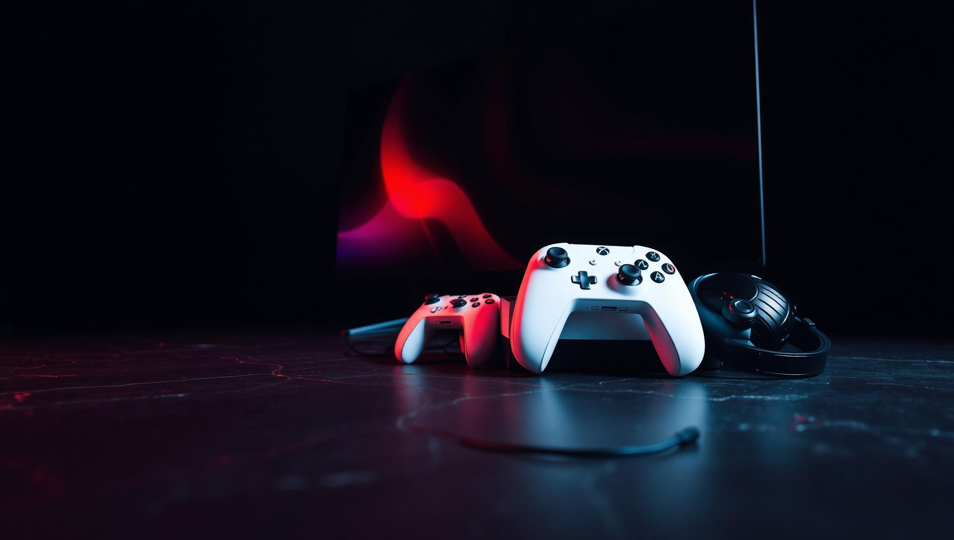 PS5 console, controllers, gaming monitor and headset on a dark surface